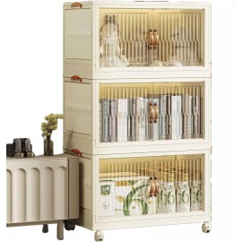 pupustar 🔥Stackable Storage Bins with Lids and Doors, Open Front Foldable, 3 Tier Cream