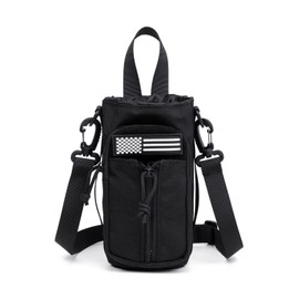 Dual Tactical Molle Water Pouch, Tactical Bottle Holder Storage Bag for 32oz Carrier ,Drawstring Open Top & Zipper Open Front, Travel Water Bottle Bag with Shoulder Strap and Patch (Black)