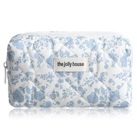 Nogeqi Cute Floral Makeup Bag Organizers, Blue Quilted Makeup Bag, Cotton Travel Cosmetic Bags for Women