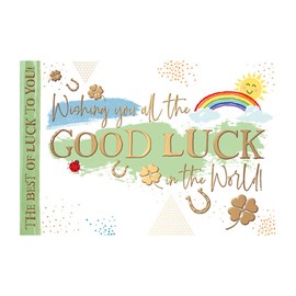 Words 'n' Wishes Male/Female Good Luck Card - 'Best of Luck To You!' Rainbow, Clovers & Horseshoes Embossed with Gold Foil - Eco-Friendly - Made in Great Britain