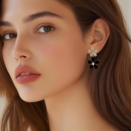 Frigotine Chunky Black Flower Dangle Earrings for Women, Trendy Hypoallergenic Rhinestone Long Five Petal Dangling Earing Spring Birthday Holiday Jewelry Gift