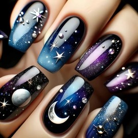 Medium Press on Nails Coffin Fake Nails Purple Blue False Nails Ombre Acrylic Nails with Star Moon Design Stick on Nails Glossy Full Cover Glue on Nails for Women Manicure 24Pcs