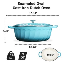 Enameled Oval Dutch Oven Pot with Lid, 7 QT Cast Iron Dutch Oven with Dual Handles for Cooking, Bread Baking, Frying, Non-stick Enamel Coated Oven (Blue-Green)