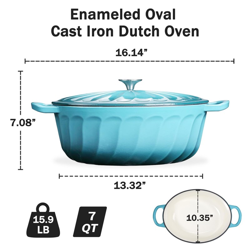 Enameled Oval Dutch Oven Pot with Lid, 7 QT Cast