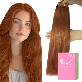 YoungSee Clip-In Real Hair Extensions, 55 cm, 7 Pieces, Salon Quality, Clip-In Extensions, 120 g, Soft Straight Hair, Copper, Human Hair, #330