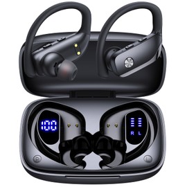 bmanl Wireless Earbuds Bluetooth Headphones Over Ear Hooks Ear Buds with 80H Playtime, LED Power Display, Dual Mic Clear Calls, Sports Wireless Ear Buds Bluetooth Earbuds for Running Gym Workout Black