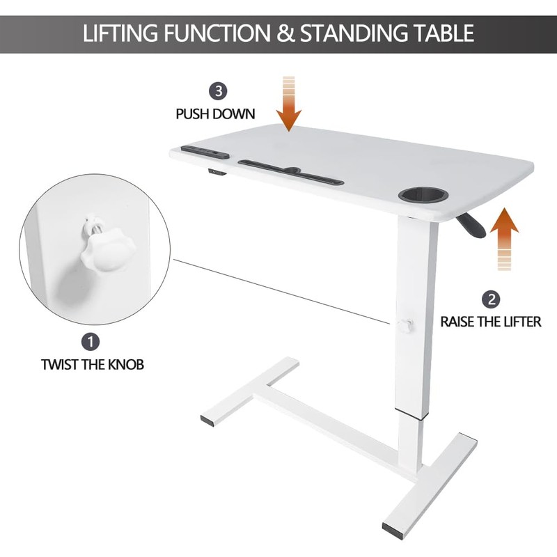 Over Bed Table Pneumatic Adjustable Height Stand Desk with Hidden