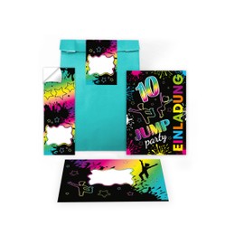 Limonia 6 Invitations for 10th Children's Birthday Party Jump Party Trampoline Neon Invitation Set Birthday Girls Children Boys Boys Gift Bag with 6 Envelopes, 6 Bags, 6 Stickers