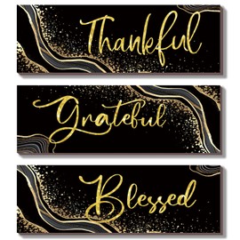 ONIZHITY 3Pcs Black and Gold Bathroom Decor Black Gold Wall Decor Thankful Grateful Blessed Quote Marble Style Versatile Home Art for Motivation Girls Bedroom Living Room Office (12x4”)