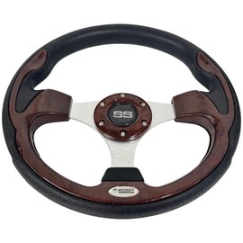Huskey 12.5 Inch Vintage Wood Grain Golf Cart Steering Wheel Compatible with Club Car/EZGO/Yamaha,Classic SS Center Logo,Aluminum Spokes and Textured Anti-Slip Grip(Adapter Required andSoldSeparately)