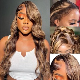 Highlight Ombre Lace Front Wig Human Hair Pre Plucked 13x4 HD Transparent 4/27 Honey Blonde Colored Lace Front Wig Human Hair For Women Body Wave Lace Frontal Wigs Human Hair With Baby Hair 20 Inch