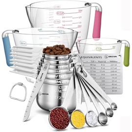 AIKEXIN - Juego de 20 tazas medidoras y cucharas para cocinar y hornear | Acero inoxidable 18/10, material de metal | Diseño apilable, seco y líquido | Plástico | Nivelador. Conversor de unidades