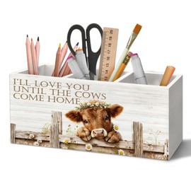 Yjeslw Highland Cow Pen Holder Organizer for Desk Accessories, I Will Love You Till the Cows Come Home Farmhouse Wooden Box Sign Desk Decorations for Home Bedroom Office Decor, Highland Cow Gifts