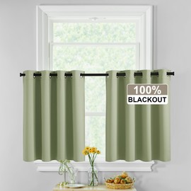 RYB HOME Kitchen Window Curtains Over Sink, 100% Blackout Curtain Thermal Insulated Privacy Protect, Short Curtains for Basement/Bathroom, Grommet, Sage Green, 52 Inch Width 45 Inch Length, 2 Panels