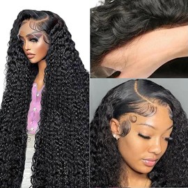 Hxxcoup Human Hair Wig Curly Wave Natural Black 13 x 4 Lace Front Real Hair Wig Women's Glueless Wear and Go Blenched Knots with Baby Hair for Woman Minimal Smell 26 Inches / 66 cm