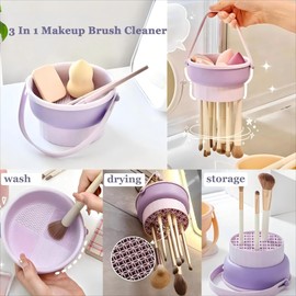 Makeup Brush Cleaner Mat 3 in 1, Silicone Makeup Brush Cleaner Bowl with Makeup Brush Drying Holder and Brush Organizer, Cosmetic Brush Washing Tool for Makeup Brush, Sponge, Powder Puff -Purple