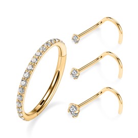 FUNLMO G23 Titanium Nose Rings Nose Piercings Nose Studs Nose Hoops Nose Jewelry Corkscrew Diamond CZ Nose Screw 20G Gold 4pcs