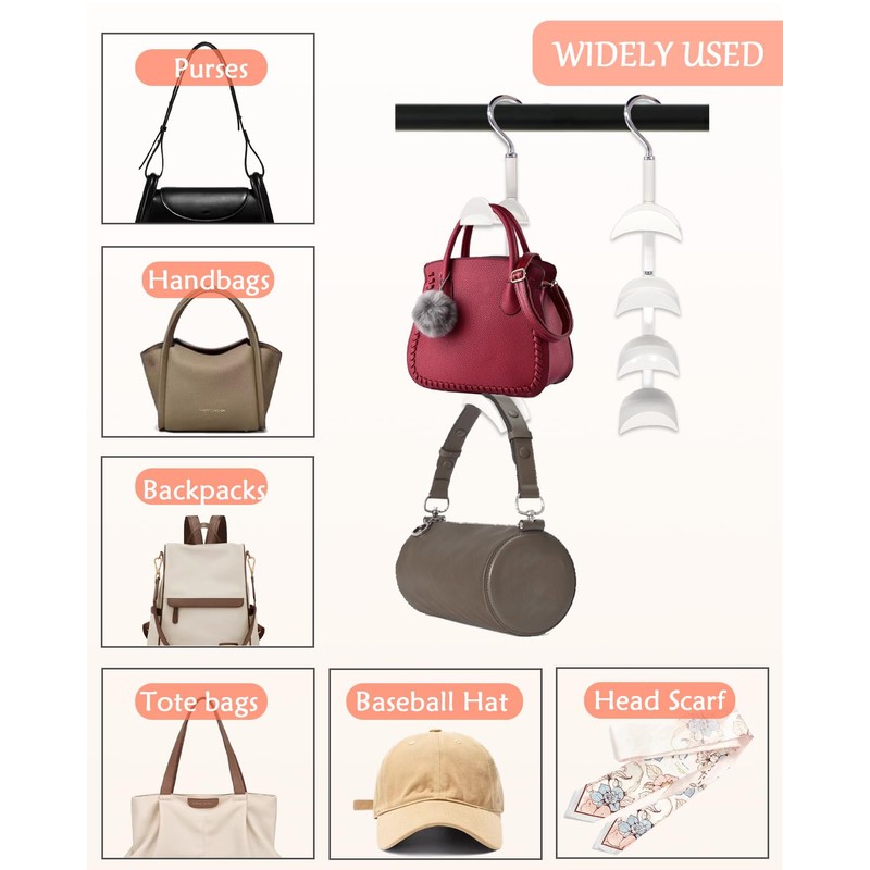 Purse Hanger for Closet, Rotating Purse Organizer for Closet White
