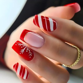 Christmas Press on Nails Medium Square False Nails Red French Tip Fake Nails with Snowflake Design White Strip Acrylic Nails Winter Stick on Nails for Women Girls 24Pcs