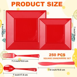 Rtteri 250 Pcs Square Plastic Plates Disposable Plates Plastic Party Square Plates Set Include 50 Dinner Plates 50 Dessert Plates 50 Forks 50 Knives 50 Spoons for Wedding Christmas Holiday (Red)