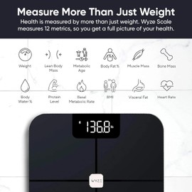 Wyze Smart Scale, Scale for Body Weight, Digital Bathroom Scale for Body Fat, BMI, and Heart Rate, Body Composition Analyzer with App, Batteries Included, Bluetooth, 400 lb, Black-New