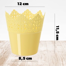 KADAX Lace Plastic Flower Pot, 9 Colours, Flower Pot with Lace Motif, Flower Pot Protector for Office, Pot, Garden Bowl, Flower Pot, Planter (Diameter 12 cm, Low, Yellow)