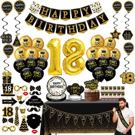 18th birthday decorations for boys girls,(76pack) black gold party Banner, Pennant, Hanging Swirl, birthday balloons, Tablecloths, cupcake Topper, Crown, Photo Props, Birthday Sash for men gift