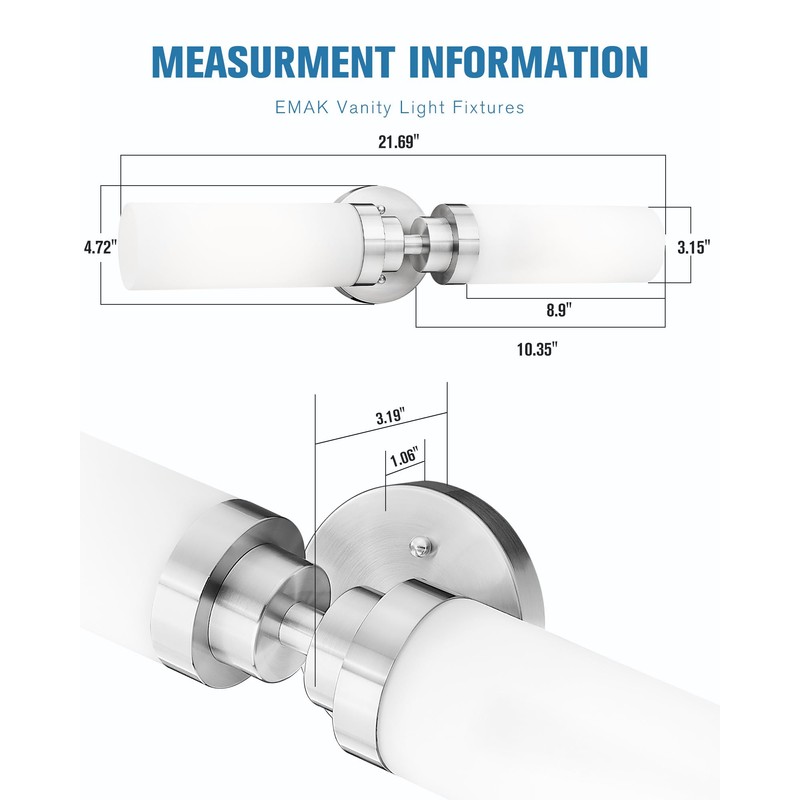 Emak Modern Brushed Nickel Bathroom Light Fixtures, 2-Light Vanity Lights