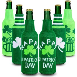 6 Packs St. Patrick s Day-Themed Bottle Sleeves Green Shamrock Beer Bottle Covers Glass Beer Bottle Decor for Holiday Party Table Decorations