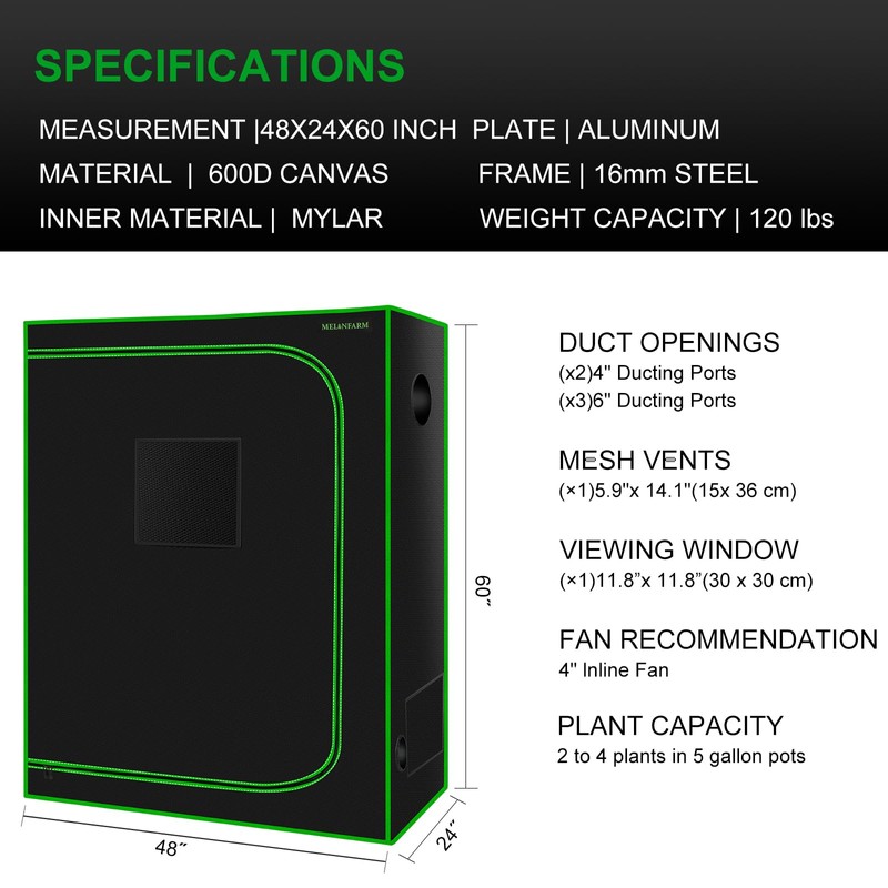 MELONFARM 4x2 Grow Tent, 48"x24"x60'' High Reflective 600D Diamond Mylar
