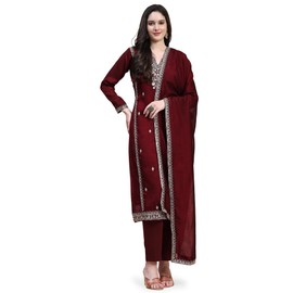 TRENDMALLS Women's Vichitra Silk Kurta Pant Suit Set (UKTM.G158-Maroon-3XL)