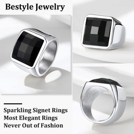 Bestyle Stainless Steel Men Signet Ring-15mm*15mm Black Onyx Pinky Band Ring-Classic Simple Plain Thick Men Band Ring, Hypoallergenic Stainless Steel Jewelry, Size 11