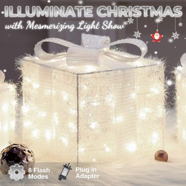 Quntis Light up Present Boxes Christmas 140 LEDs, Set of 3 Christmas Lighted Gift Boxes with 8 Modes and Timer, Plug in White Christmas Decorations, Light up Xmas Decorations for Indoor Outdoor