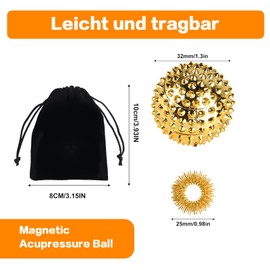 Pack of 4 Hedgehog Ball Massage + 8 Pieces Acupressure Ring Finger, Skills Borderline Set, Magnetic Acupressure Balls, Magnetic Spiked Massage Ball, Hedgehog Balls Massage Rings for Stress Relief Gold