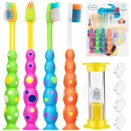 PRASBURR Kids Toothbrush, Toddler Toothbrush Age 2-4 and Older, with Suction Timer, Children Sized Brush Heads (3-10 Year Old), Flossing Bristles, Pack of 4