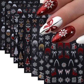 9 Sheets New Year Nail Stickers 3D Self-Adhesive Santa Claus Christmas Snowflake Nail Decals Elk Bow Xmas Tree Snowball Nail Art Stickers Butterfly Star Nail Decoration Supplies for Women Nail Designs