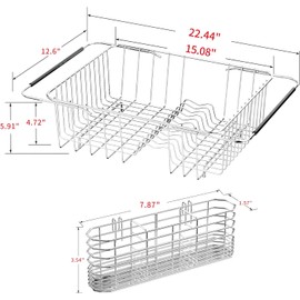 JAQ Over Sink Dish Drying Rack for Medium to Large Sink, Expandable 15.08"–22.4", Adjustable 304 Stainless Steel Dish Drainer with Utensil Holder, Large Capacity Holds Up to 13 Plates