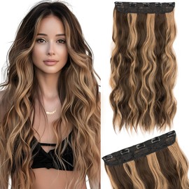 Silk-co One Piece Clip In Hair Extensions Curly 180g Hairpieces 5 Clips Wavy Curly Synthetic 3/4 Half Full Head for Laides and Women 24 Inch（60 cm） Medium Brown mix Light Brown