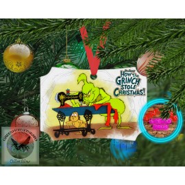 Unbranded GRINCH & MAX Sewing Santa Outfit Berlin Shape MDF Hardboard Ornament w Ribbon