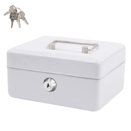 Time to Sparkle 6 inch Small Lock Box Money Safe with Tray for Cash Metal Saving Box Lock and Key with Stainless Steel Handle 15 * 12 * 8cm White