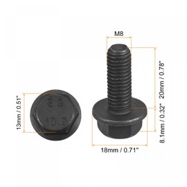 sourcing map Metric M8x20mm Hex Flange Bolts, 10pcs 10.9 Grade Carbon Steel Hexagon Head Screws