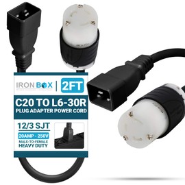 IronBox Electric IEC C20 to L6-30R Plug Adapter Power Cord - 20A, 250V, 12/3 SJT - UL Listed Power Supply - Heavy Duty Extension Cable for Data Centers, PDUs, Generator, Amplifier & More (2ft, Build)