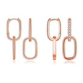 Cangall Convertible Link Earrings for Women, 2 Pairs 925 Sterling Silver Double Oval Hoop Earrings Set, Rose Gold Double Ring Oval Huggie Hoop Earrings, CZ Silver Sleeper Dangle Chain Link Earrings