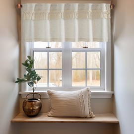 jinchan Boho Valance with Tassels Linen Kitchen Valance Curtain for Windows 16 Inch Beige Farmhouse Rustic Small Window Treatment for Living Room Laundry RV Light Filtering Back Tab 1 Panel Crude