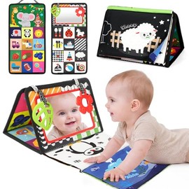 BBWOO Tummy Time Toys, Black and White High Contrast Baby Toys for Newborn, Baby Visual Stimulation Mirror, Montessori Crinkle Book for Infant 0-3-6-1