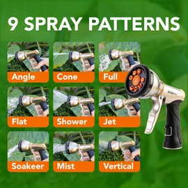 High Pressure Garden Hose Nozzle, Heavy Duty Metal Water Hose Sprayer with 9 Spray Patterns, Adjustable Flow Control & 5 Extra Washers for Watering Plants, Dog/Pet Bathing, Car Wash & Outdoor Cleaning