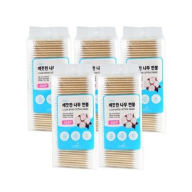 The Well Clean Wooden Cotton Swabs 400P (Polybag) - 5-Pack, Sterilized for Infants Premium Cotton Swabs