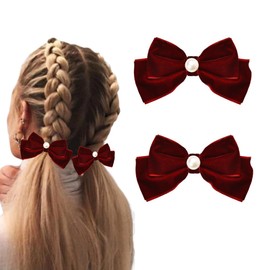 Velvet Hair Bow Clips Red Bows for Girls Women Hair Velvet Bows Barrettes for Hair Pins Pearl Bow-Knot Hair Clips Maroon Dark Red Bow Hair Accessories 2 PCS