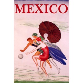 WONDERFULITEMS Mexico Summer Beach Happy Women Playing Ball Sun Umbrella Travel 20" x 30" Image Size Vintage Poster repro on Matte Paper. We Have Other Sizes