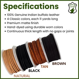 Coyote Bay® Genuine Leather Cord in 4 Classic Matte Colors Round Spool, 11 Yards Each, for Jewelry Making, Crafts and Hobby Projects (2 mm)